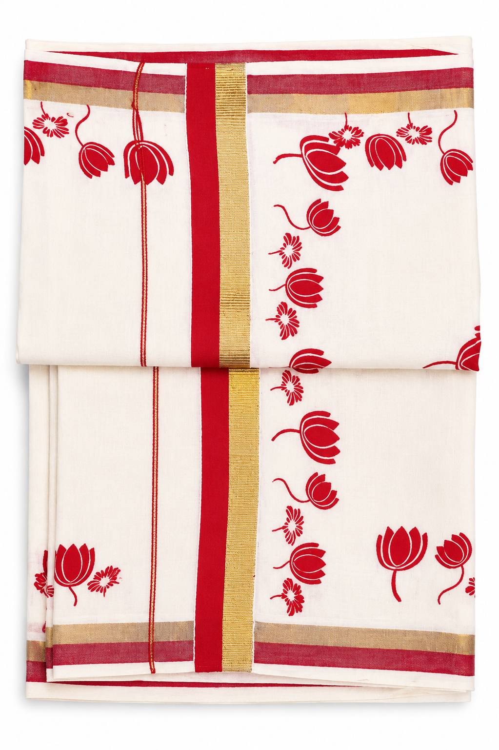 Kerala Cotton Saree | White Saree with Red Lotus Print & Gold Zari Border | Onam Festive Traditional Saree