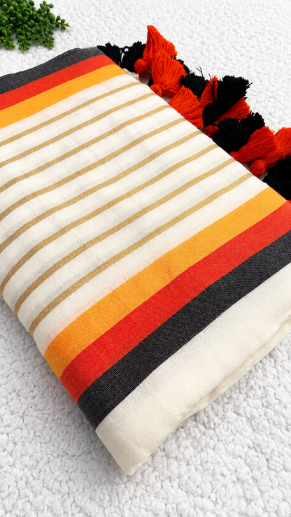 Off-White Mulcotton Saree with Gold Pinstripes & Black-Red-Orange Border – 120 Count Kerala Cotton Saree