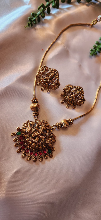 Antique Gold Radha Krishna Pendant Necklace Set (Ruby & Emerald)