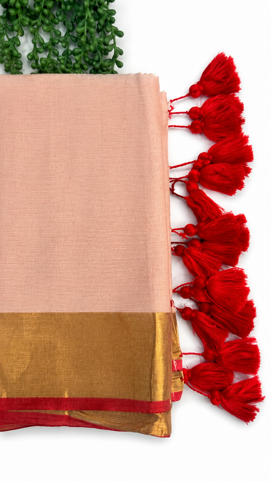 Mul Cotton 120 Count Saree – Peach with Gold Zari & Red Border | Traditional South Indian Saree with Red Tassels
