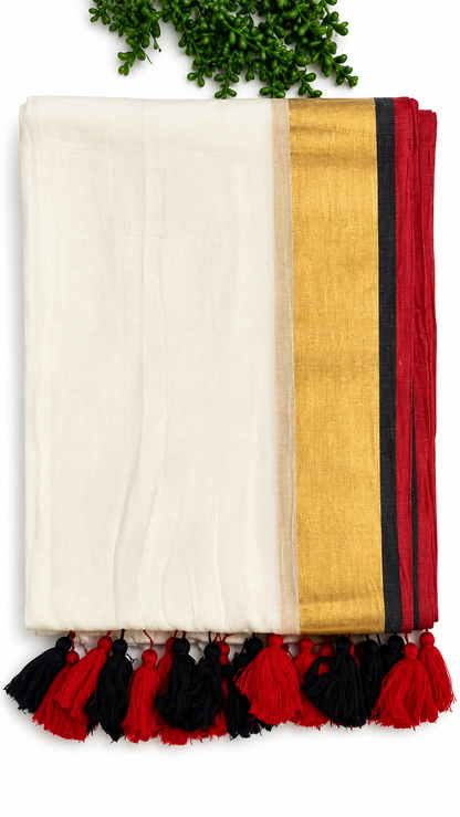 Off-White Mulcotton Saree with Gold Border, Black & Red Trim – 120 Count Kerala Cotton Saree