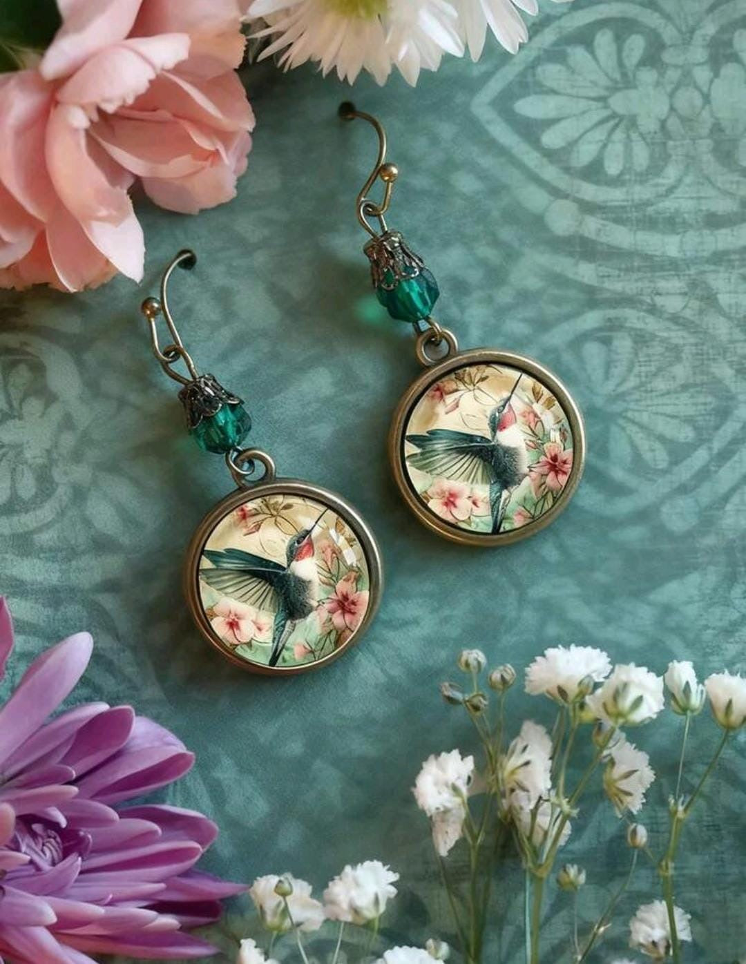 Vintage Hummingbird & Floral Glass Drop Earrings