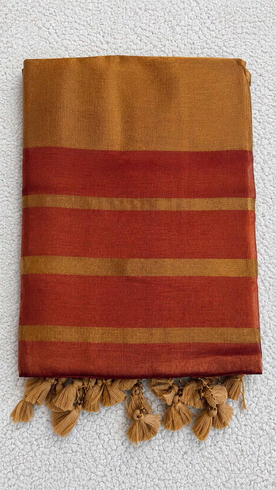 Metallic Maroon Raga Tissue Saree with Mustard Gold Border & Tassels
