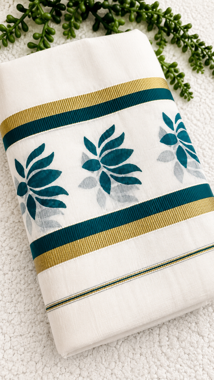 Kerala Cotton Set Mundu with Lotus Motif Border – Gold Kasavu Detail