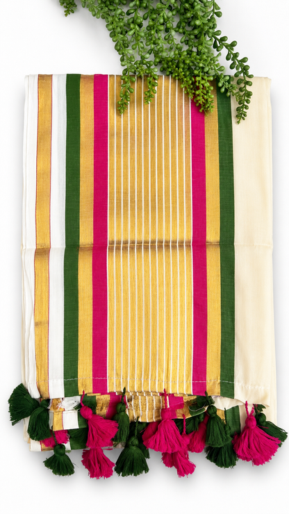 Mul Cotton Saree – Pink, Green & Gold Striped Border | Traditional South Indian Saree with Tassels
