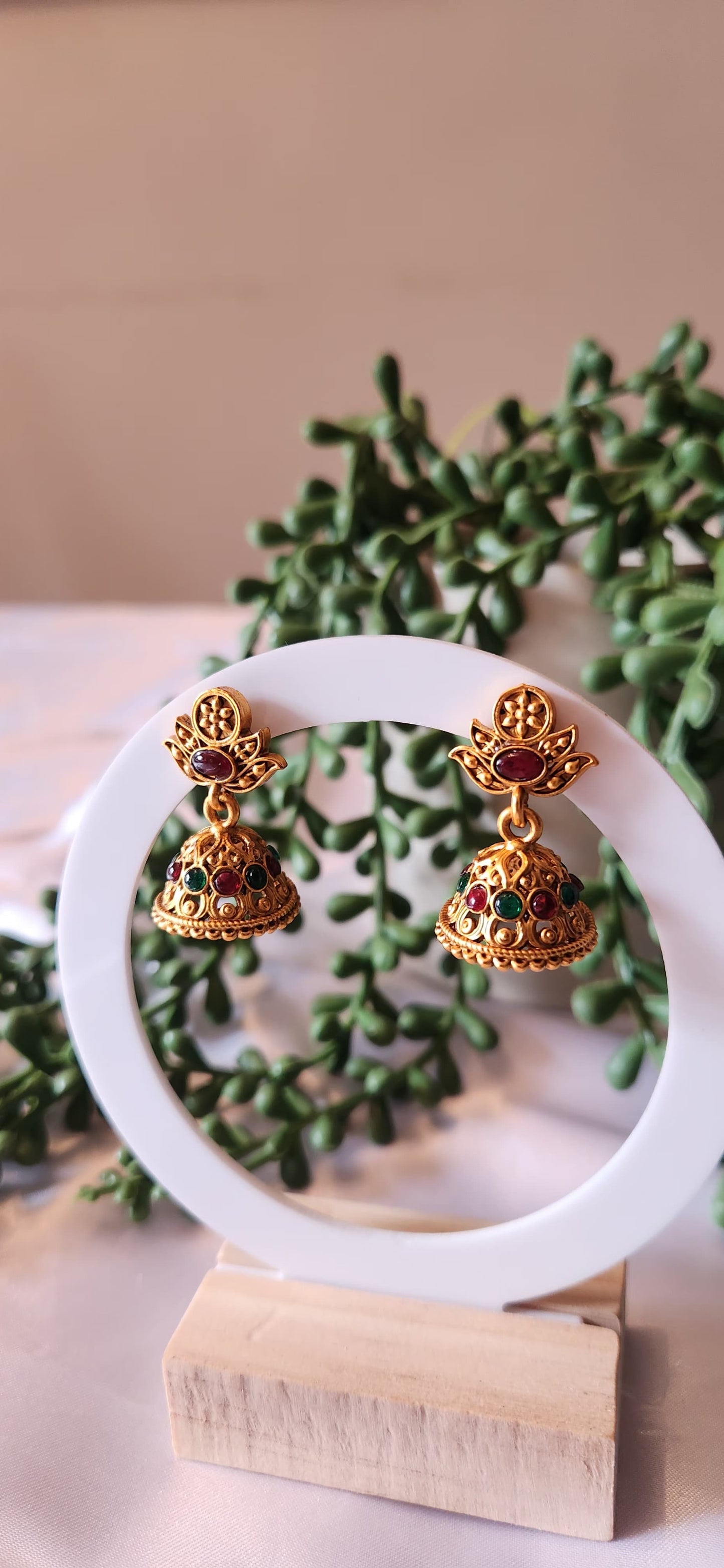 Antique Gold Lotus Jhumka Earrings – Kemp Stone Dome Earrings with Ruby & Emerald Accents