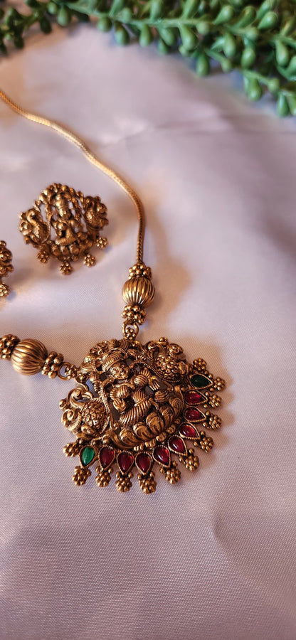 Antique Gold Radha Krishna Pendant Necklace Set (Ruby & Emerald)