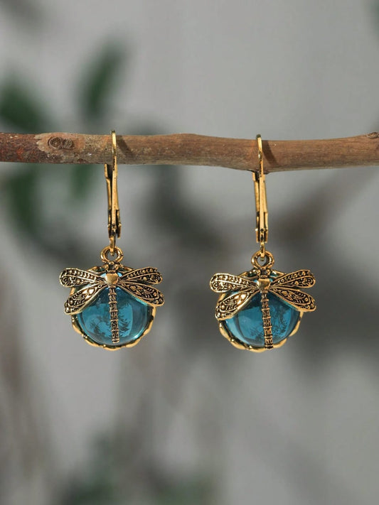 Enchanting vintage gold dragonfly earrings with coloured crystal drops in aqua blue, emerald green and amber yellow - nature-inspired designer jewellery UK