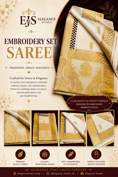 Off-White and Gold Embroidery Set Saree