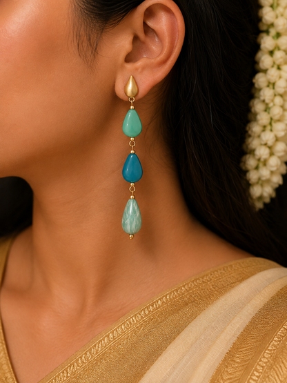 Aqua Teardrop Beaded Long Drop Earrings – Gold Tone