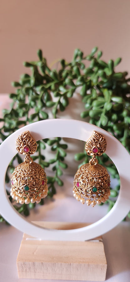 Antique Gold Jhumka Earrings – Paisley Filigree Dome Earrings with Ruby, Emerald & Pearl Drops