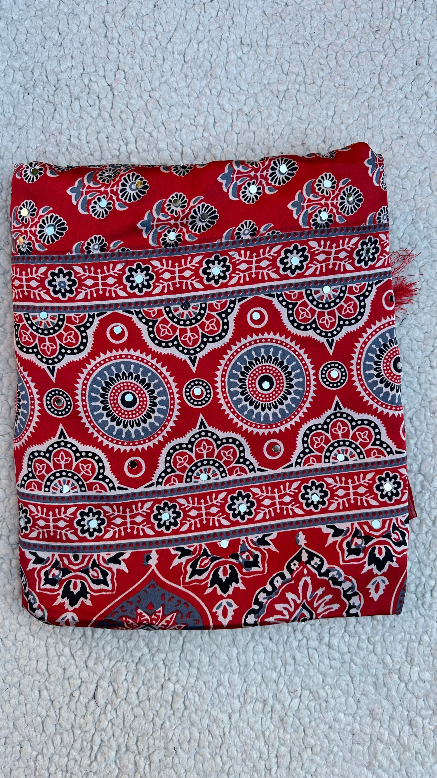 Modal Silk Ajrak Printed Saree with Mirror Work in Red