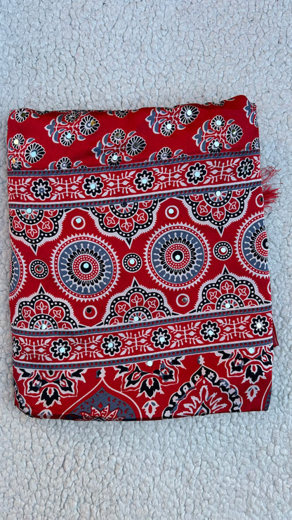 Modal Silk Ajrak Printed Saree with Mirror Work in Red