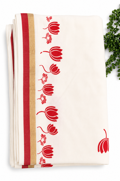 Kerala Cotton Saree | White Saree with Red Lotus Print & Gold Zari Border | Onam Festive Traditional Saree