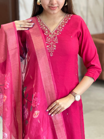 Fuchsia pink embroidered kurta set with floral organza dupatta — elegant festive outfit for Christmas and traditional celebrations.