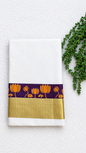 Kerala Cotton Set Saree | Onam Special White Cotton Saree with Purple Lotus Motif & Gold Kasavu Border