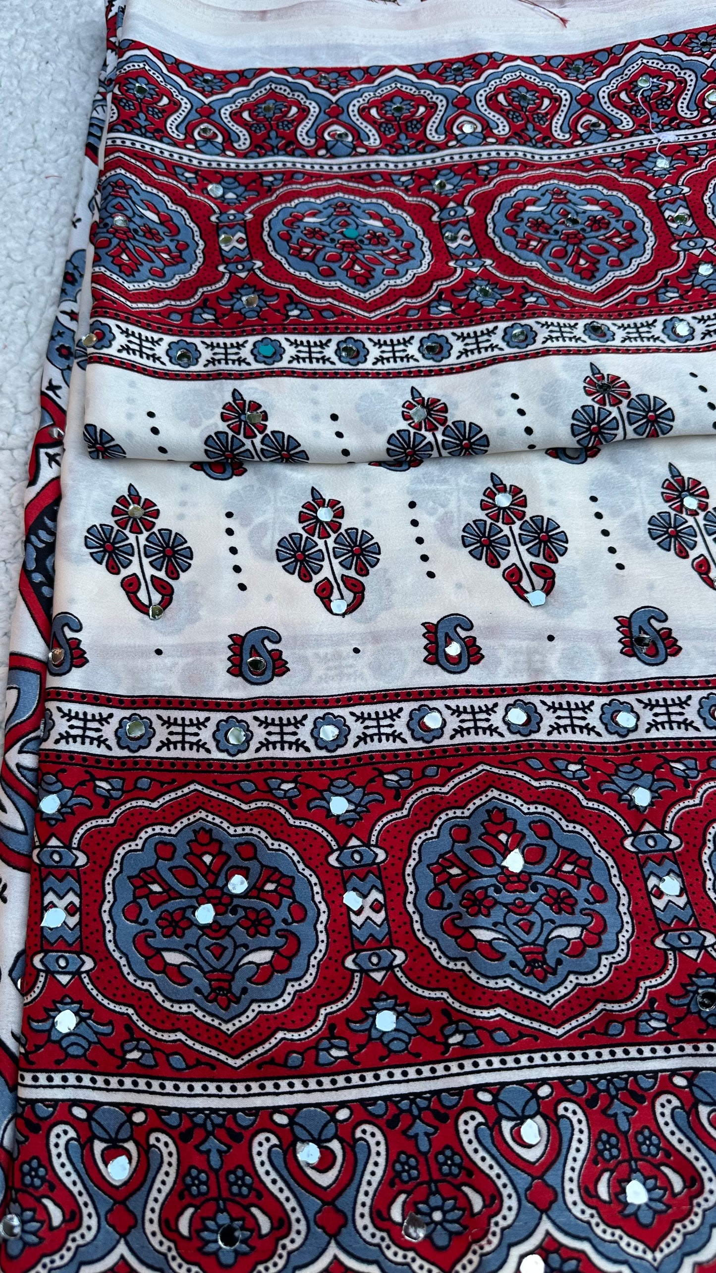Modal Silk Ajrak Printed Saree with Mirror Work in White