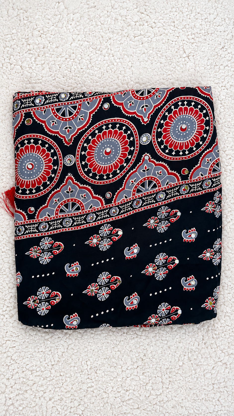 Black Modal Silk Saree with Ajrak Print & Mirror Work
