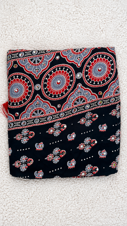 Black Modal Silk Saree with Ajrak Print & Mirror Work