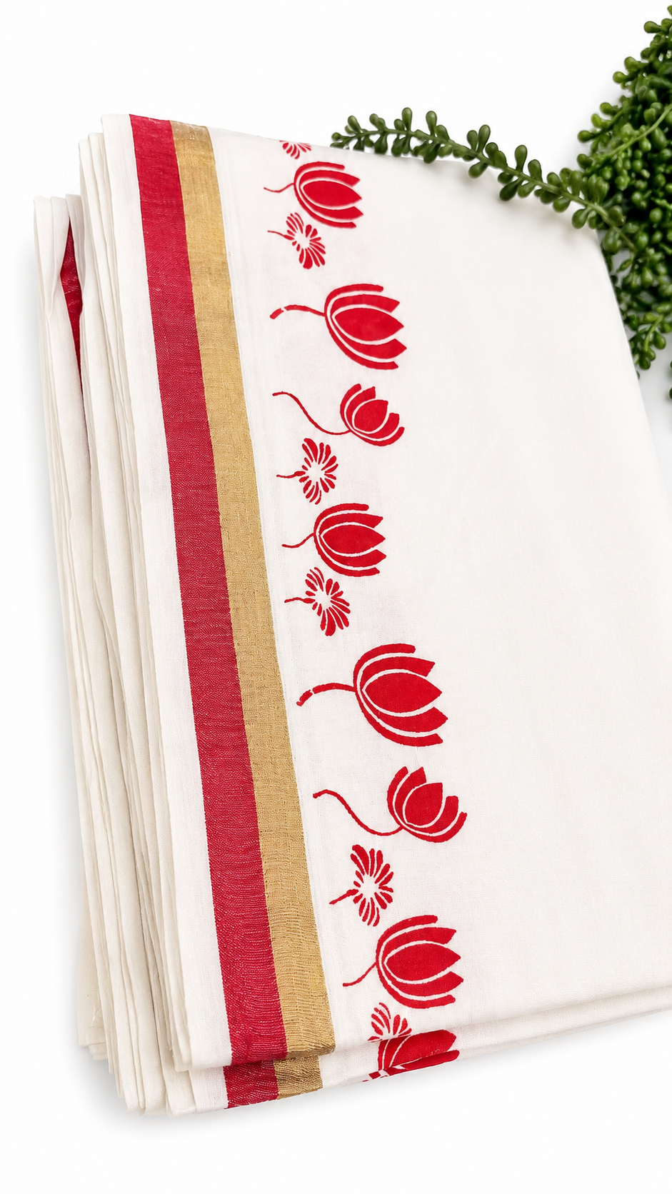 Kerala Cotton Saree | White Saree with Red Lotus Print & Gold Zari Border | Onam Festive Traditional Saree