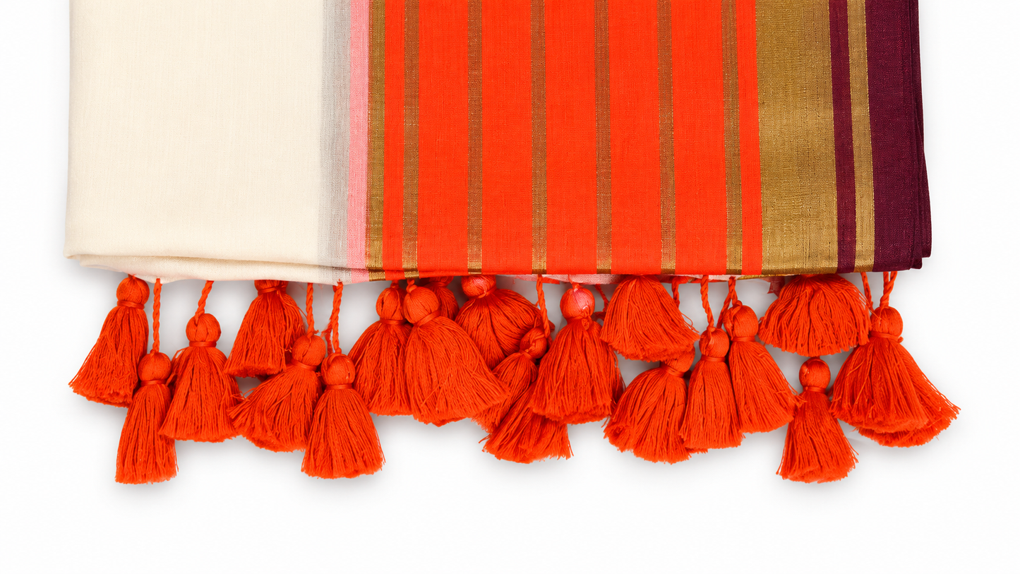 Off-White Mulcotton Saree with Orange & Gold Zari Stripe Border – 120 Count Kerala Cotton Saree
