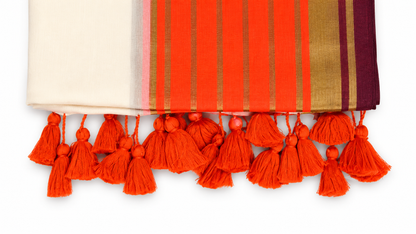 Off-White Mulcotton Saree with Orange & Gold Zari Stripe Border – 120 Count Kerala Cotton Saree