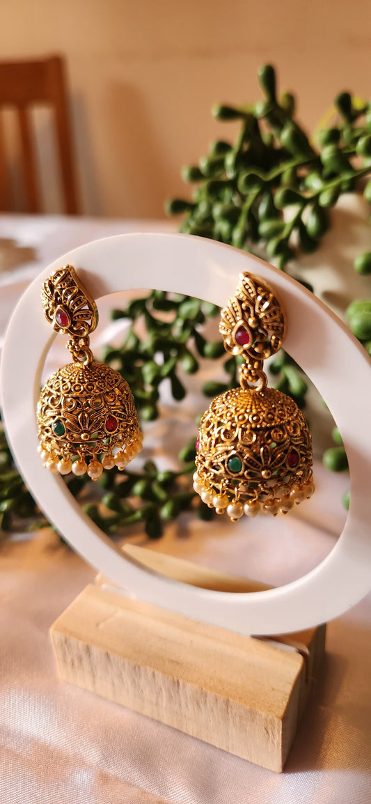 Antique Gold Jhumka Earrings – Paisley Filigree Dome Earrings with Ruby, Emerald & Pearl Drops