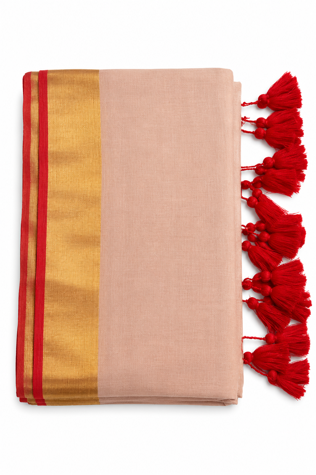 Mul Cotton 120 Count Saree – Peach with Gold Zari & Red Border | Traditional South Indian Saree with Red Tassels