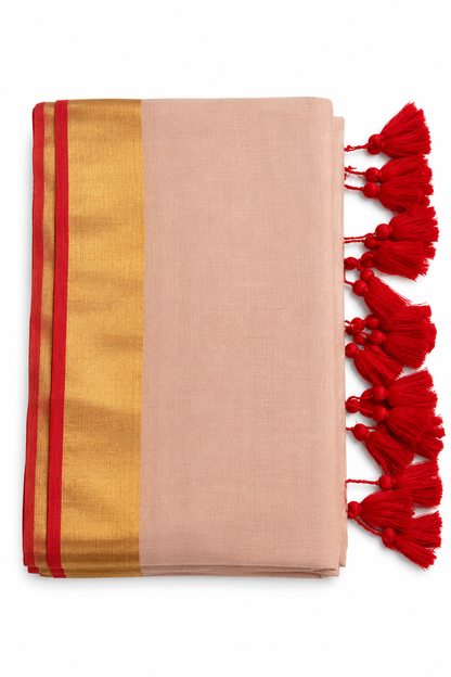 Mul Cotton 120 Count Saree – Peach with Gold Zari & Red Border | Traditional South Indian Saree with Red Tassels