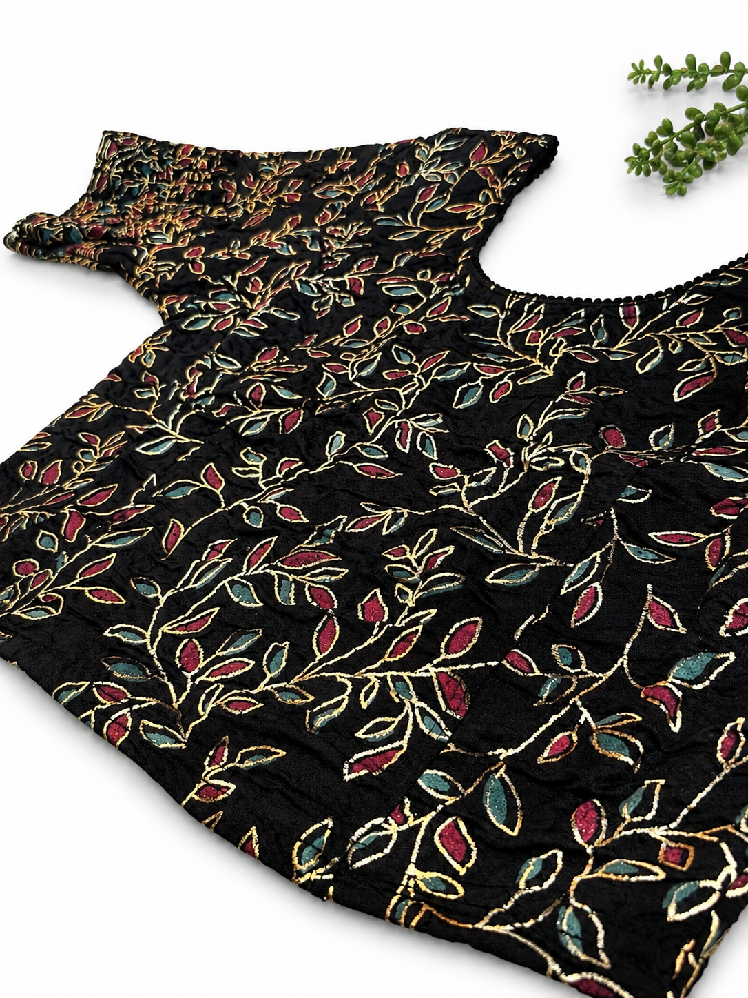 Stretchable Readymade Saree Blouse | Leaf Design with Gold Detailing | Ready to Wear Round Neck Blouse with Patterned Sleeve Border (S-L)