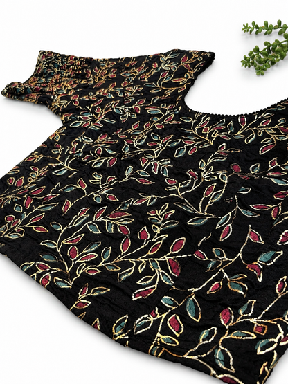 Stretchable Readymade Saree Blouse | Leaf Design with Gold Detailing | Ready to Wear Round Neck Blouse with Patterned Sleeve Border (S-L)
