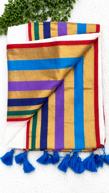 Mulcotton Saree | Cream Saree with Multicolour Striped Gold Zari Border | Tasselled Edge Traditional Saree