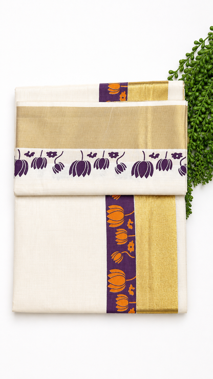 Kerala Cotton Set Saree | Onam Special White Cotton Saree with Purple Lotus Motif & Gold Kasavu Border