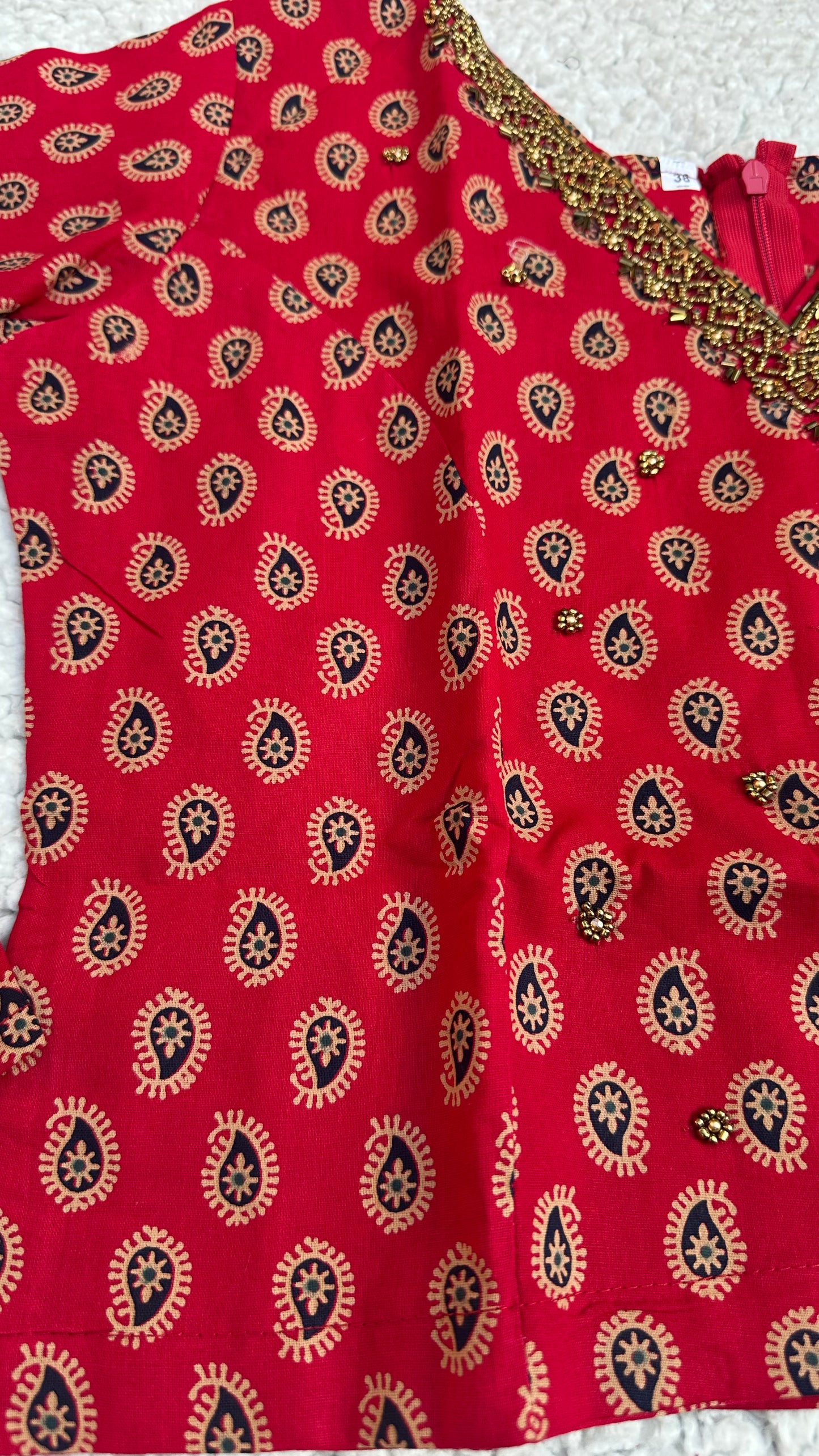 Red Ajrak Print Cotton Top with Sequin Work & Off-White Tissue Skirt Set