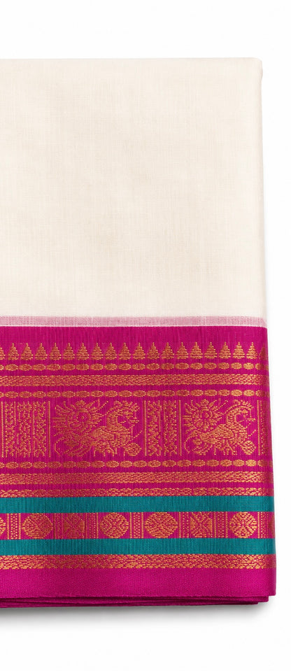 Mul Cotton Saree with Magenta Kasavu Border & Teal Green Tassel Pallu