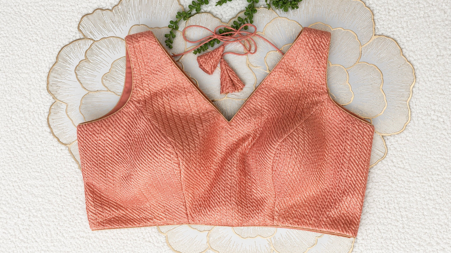Peach Brocade Sleeveless Blouse with Diagonal Gold Stripes | Free Size