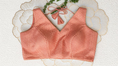 Peach Brocade Sleeveless Blouse with Diagonal Gold Stripes | Free Size