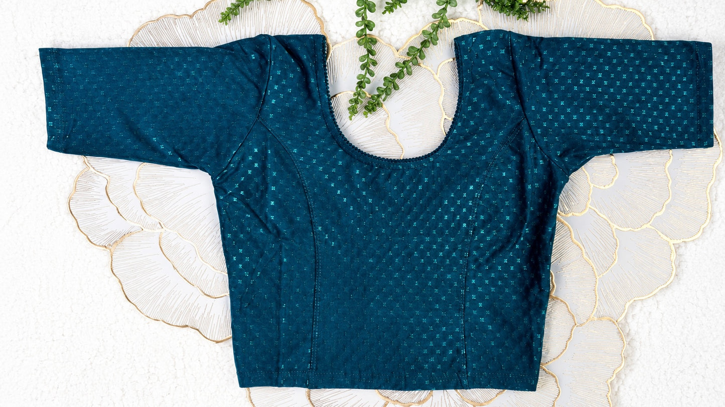 Teal Blue Stretchable Saree Blouse with Dobby Weave & Elbow Sleeves | Ready-to-Wear