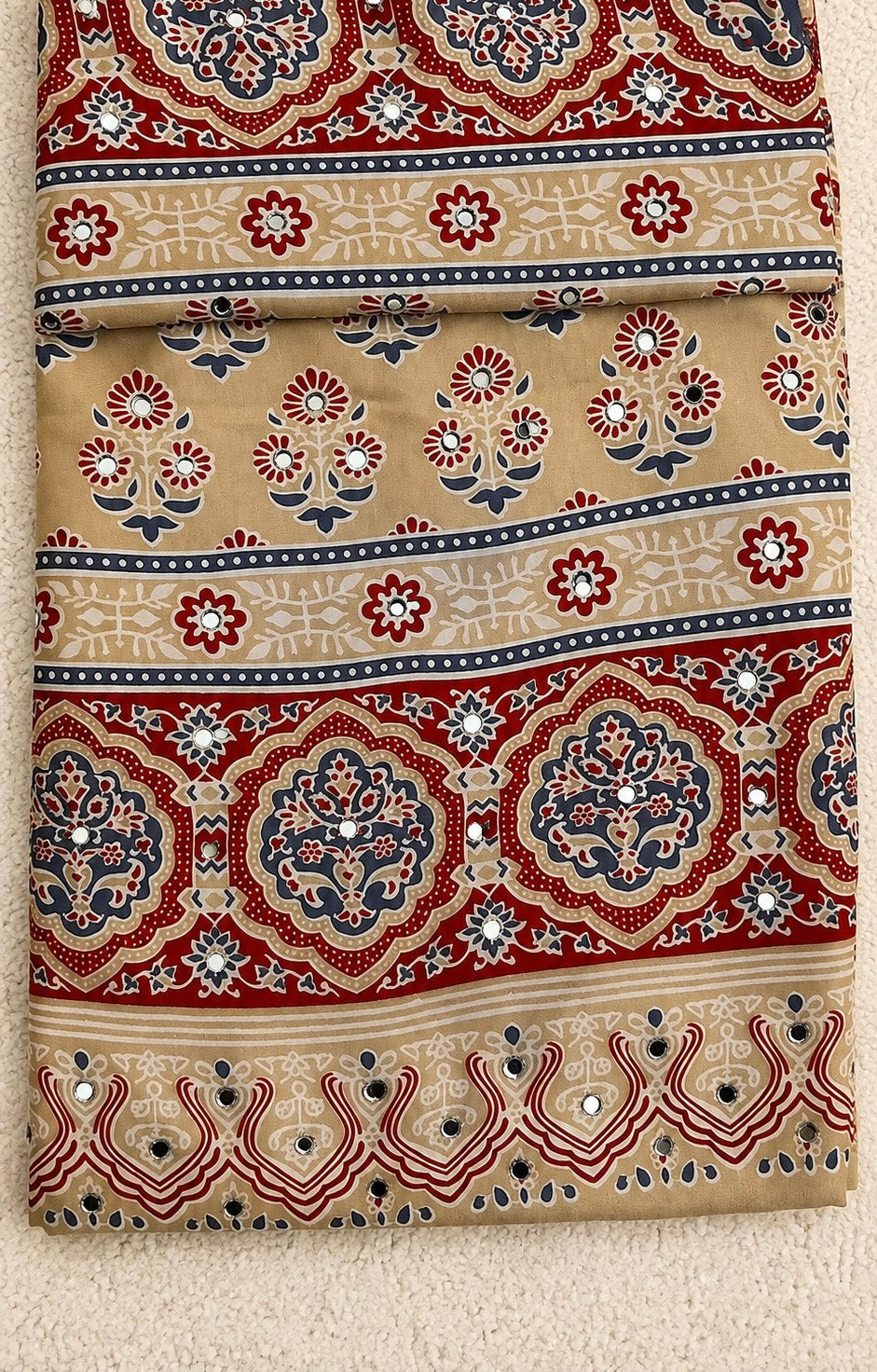 Beige Modal Silk Saree with Ajrak Print & Mirror Work