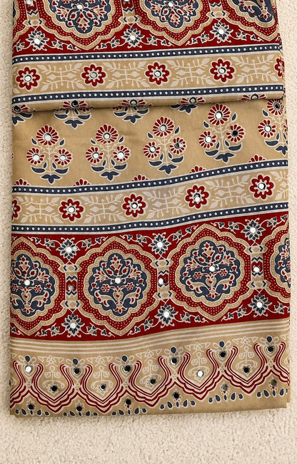 Beige Modal Silk Saree with Ajrak Print & Mirror Work