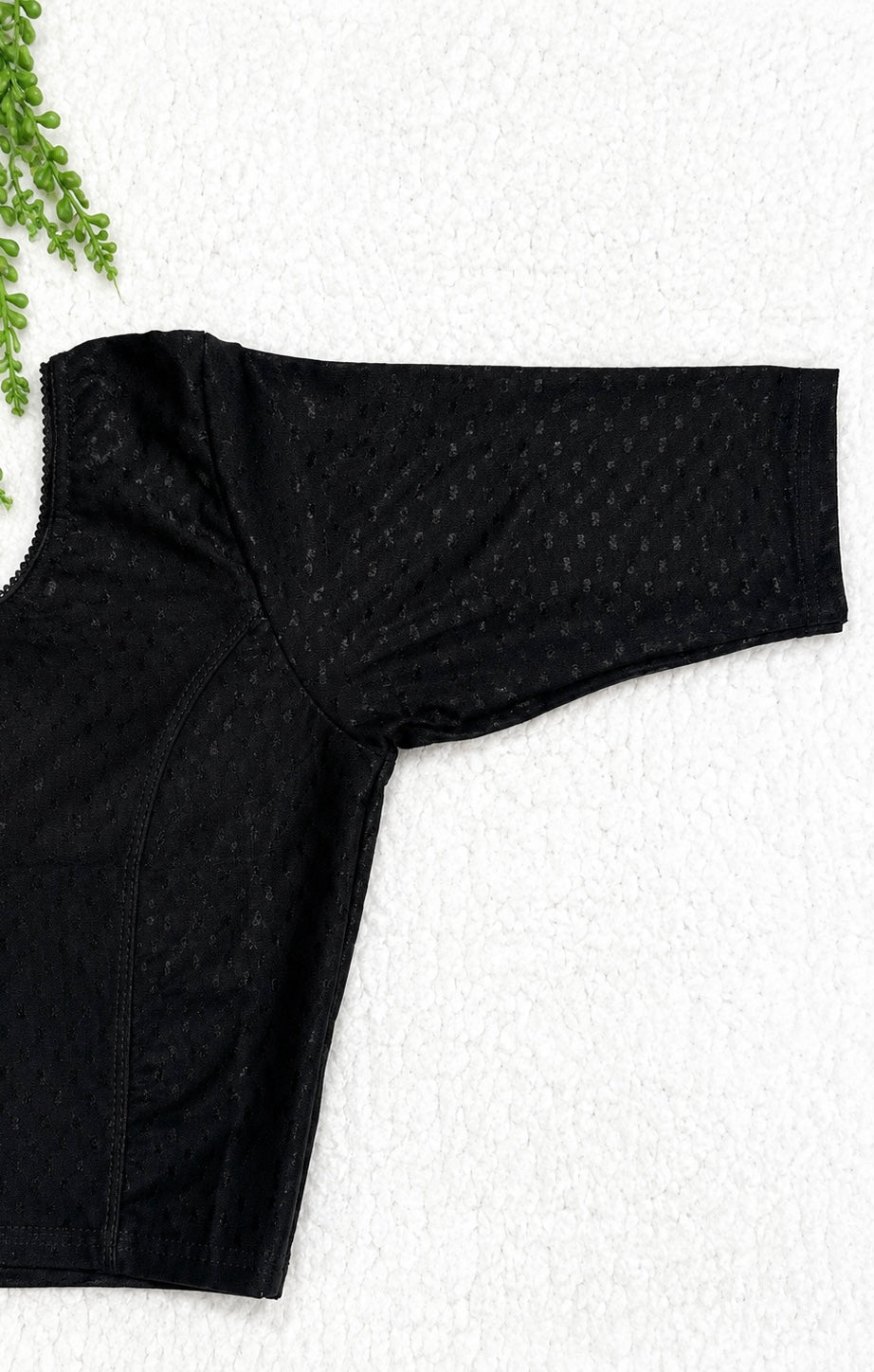 Black Stretchable Saree Blouse with Dobby Weave & Elbow Sleeves | Ready-to-Wear