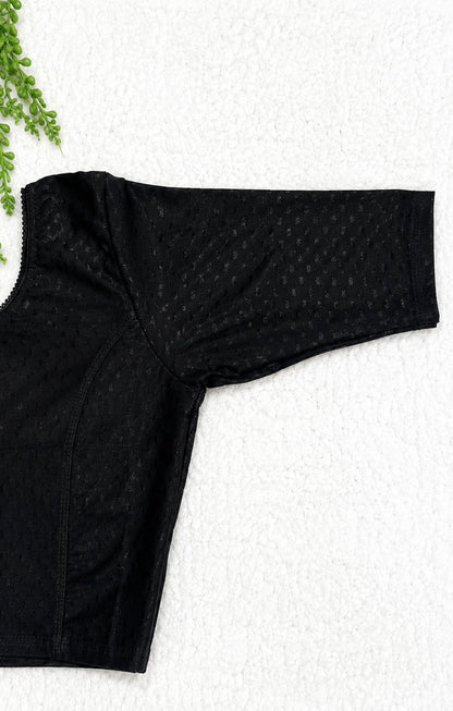 Black Stretchable Saree Blouse with Dobby Weave & Elbow Sleeves | Ready-to-Wear