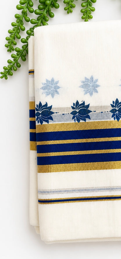 Kerala Cotton Set Mundu with Lotus Motif – Royal Blue Gold Border