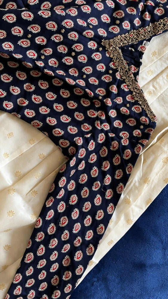 Navy Blue Ajrak Print Cotton Top with Sequin Work & Off-White Tissue Skirt Set