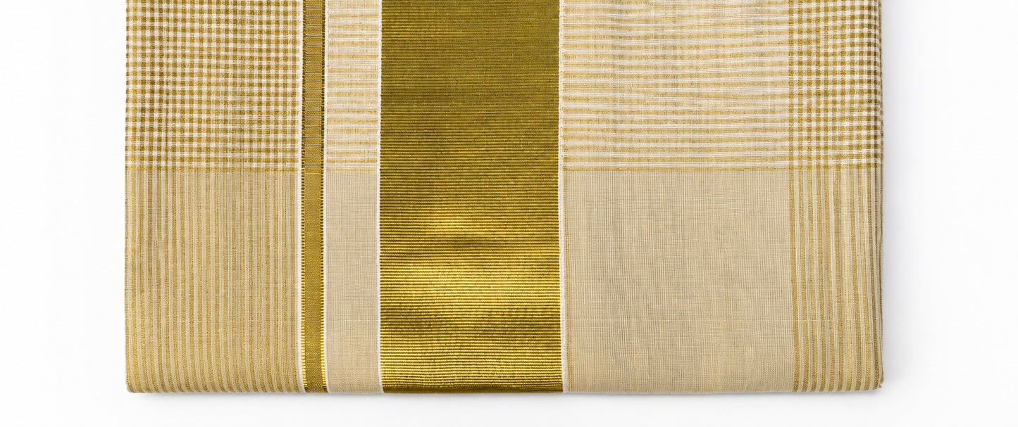 Tissue Silk Saree with Checked Weave, Striped Panels & Wide Gold Border
