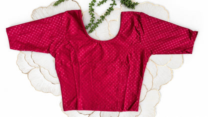 Dark Pink Stretchable Saree Blouse with Dobby Weave & Elbow Sleeves | Ready-to-Wear