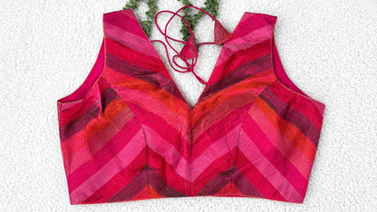 Pink Multicolour Tissue Fabric Halter Blouse | Sleeveless with Tie-Back | Free Size