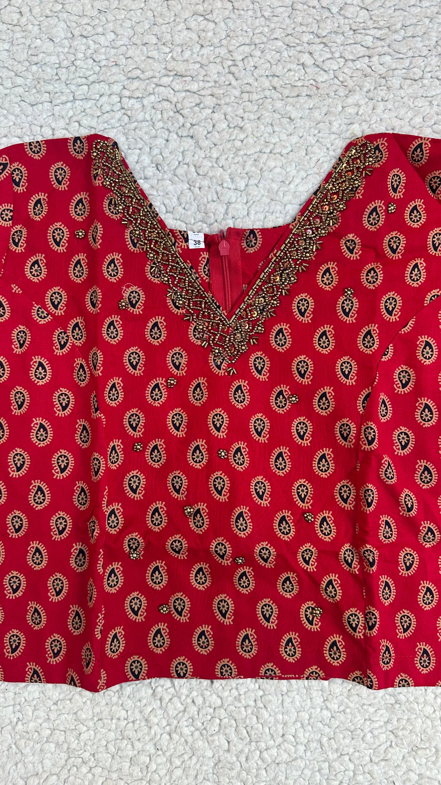 Red Ajrak Print Cotton Top with Sequin Work & Off-White Tissue Skirt Set