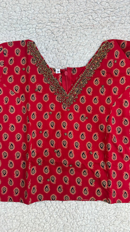 Red Ajrak Print Cotton Top with Sequin Work & Off-White Tissue Skirt Set