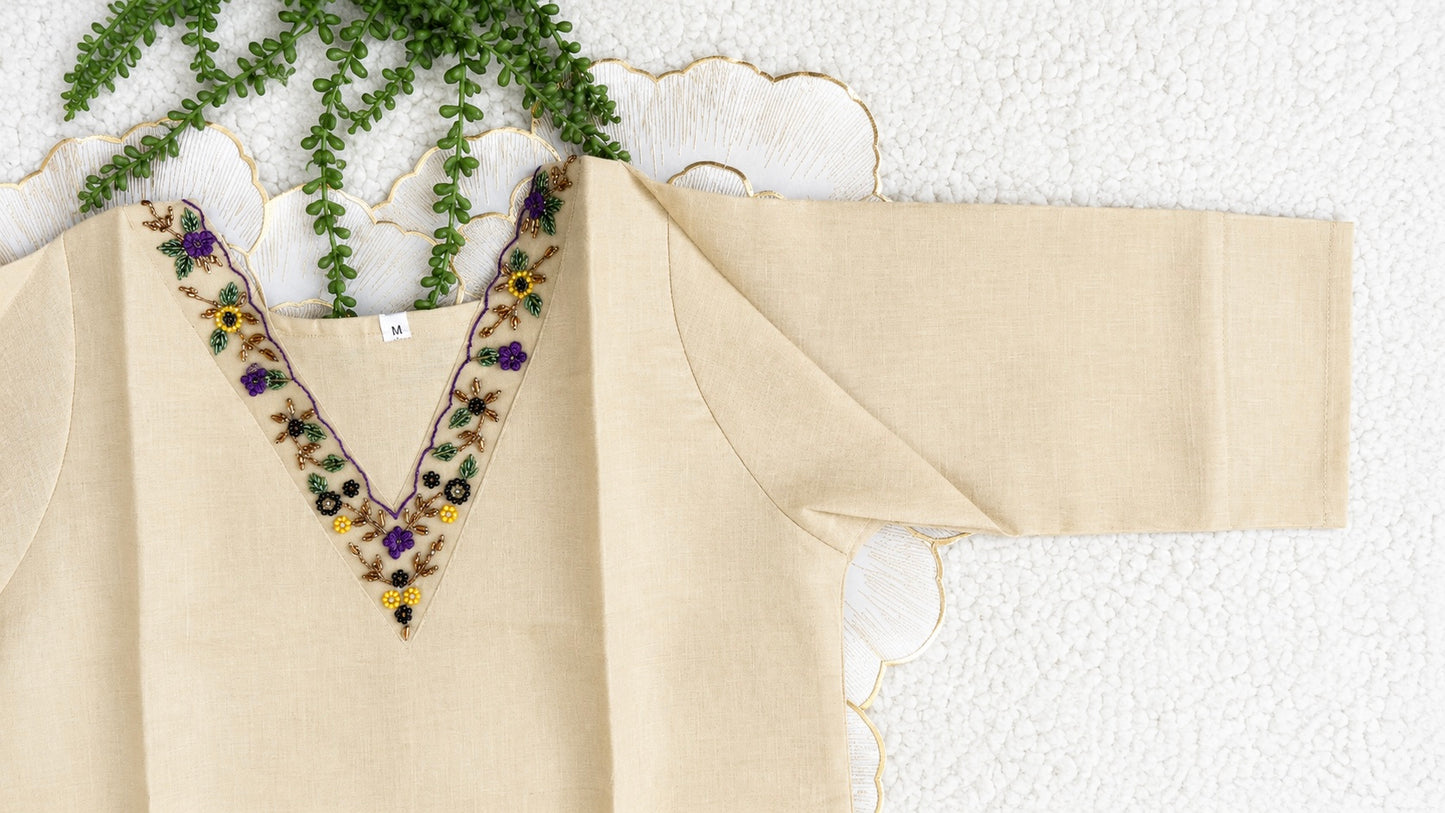 Tissue Cotton Kurta with Floral Thread & Bead Embroidery – Onam Collection | Cream V-Neck Kurta